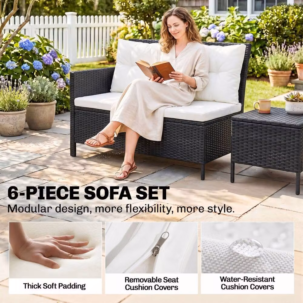 Outsunny 6 Piece Modern Rattan Garden Sofa Set with Cushions in Black and Grey – 6