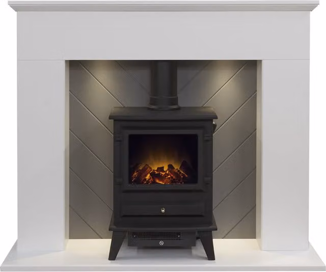 Adam Fires & Fireplaces Adam Corinth Stove Fireplace in White and Grey with Hudson Electric Stove in Black, Width: 121.92 cm