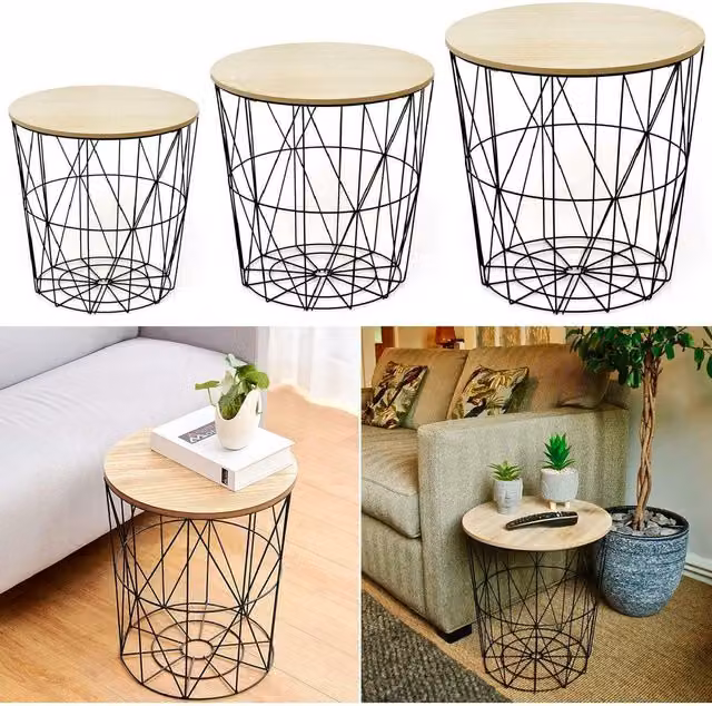 Gr8 Home Set of 3 Modern Geometric Round Coffee Tables in Black with Wood and Metal Finishes