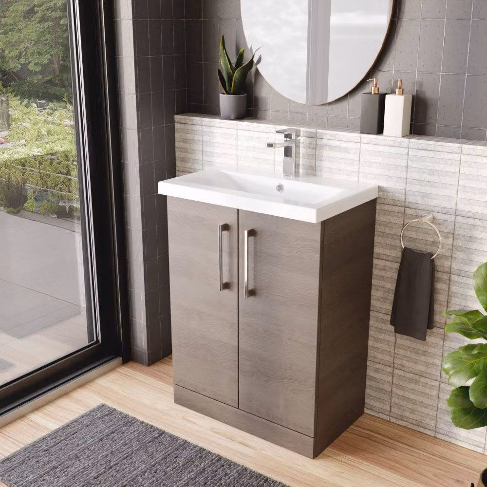 Balterley Contemporary Floor Standing 2-Door Bathroom Vanity Unit with Mid-Edge Ceramic Basin, Solace Oak Brown, W: 61 cm, D: 39 cm, H: 84 cm – 4