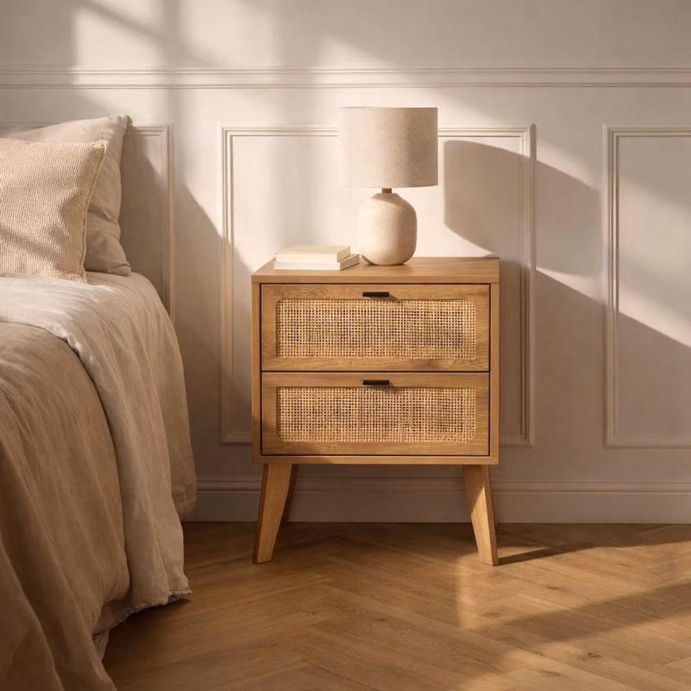 CALICOSY 2-Drawer Bedside Table with Rattan Fronts and Wood Finish in Light Brown, W/D/H: 45 x 29 x 56 cm – 2