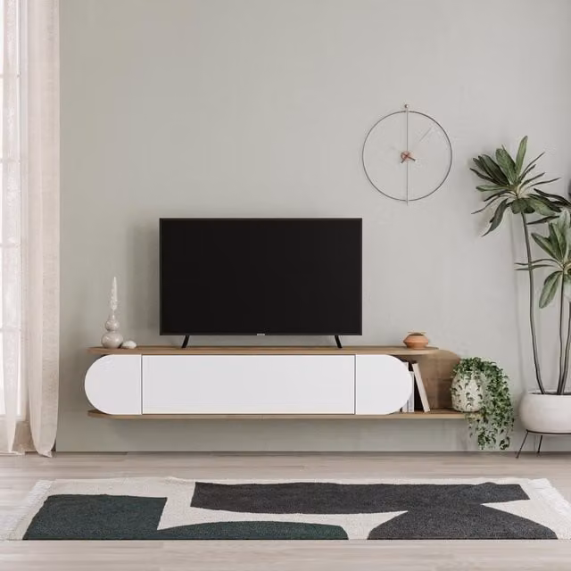 FWStyle Large Wall Mounted 1 Door TV Unit in Oak and Painted White