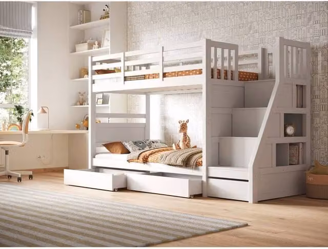 Flair Lunar Single Staircase Bunk Bed with Storage Drawers in White