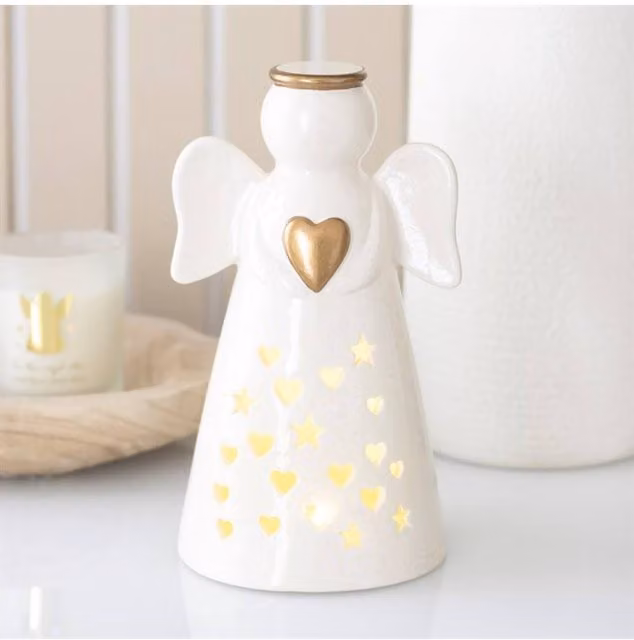 KDMD Large White and Gold Ceramic LED Light Up Angel Decoration with Heart, Height: 25 cm