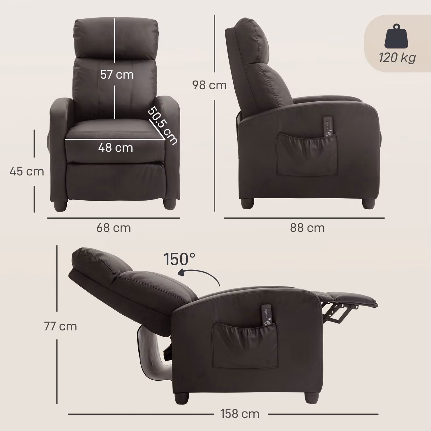 HOMCOM Brown PU Leather Massage Recliner Armchair with Footrest and Remote Control – 3
