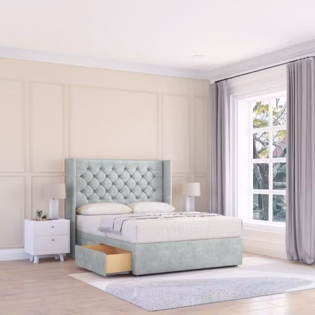 Sloomy Dior Naples Wingback Bed Set in Silver with 2 Drawers and Floor Standing Headboard, W/D/H: 120 x 200 x 122 cm