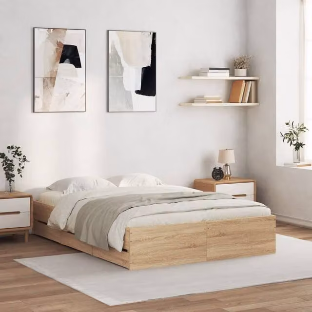 Berkfield Home Double Bed Frame with Drawers in Sonoma Oak and Brown, W/D/H: 135 x 190 cm