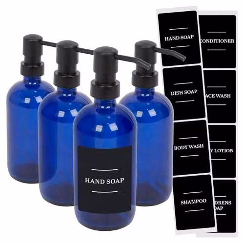 Harbour Housewares Pack of 4 Blue Glass Soap Dispensers with Black Labels and Pumps, 500ml