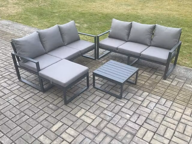 Fimous 7 Seater L-Shape Garden Furniture Set in Dark Grey with Powder Coated Aluminium Frame, Cushions, Coffee Table and Ottoman