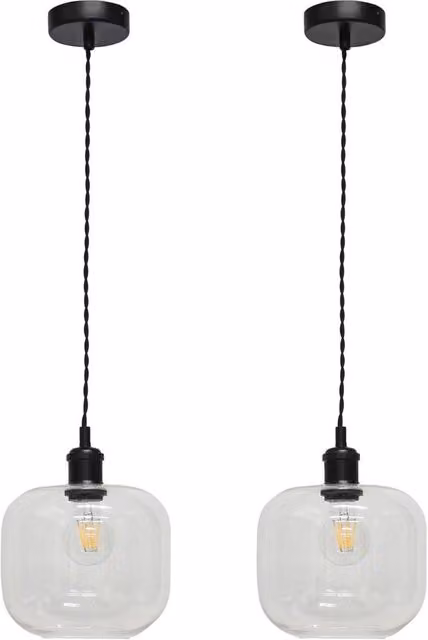 First Choice Lighting Bletch Set of 2 Retro Pendant Fittings with Transparent Glass and Black Metal Finish – 1