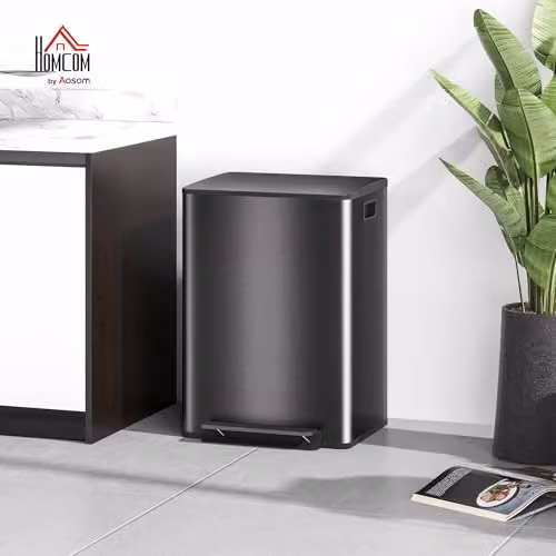 HOMCOM Dual Kitchen Bin, 2 x 30L Stainless Steel Double Pedal Bin with Soft-Close Lid and Removable Inner Buckets, Black – 2