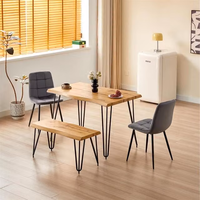 Kosy Koala Arizona Dining Set with Rectangular Live Edge Wood Table, Bench and Four Chairs in Grey and Black