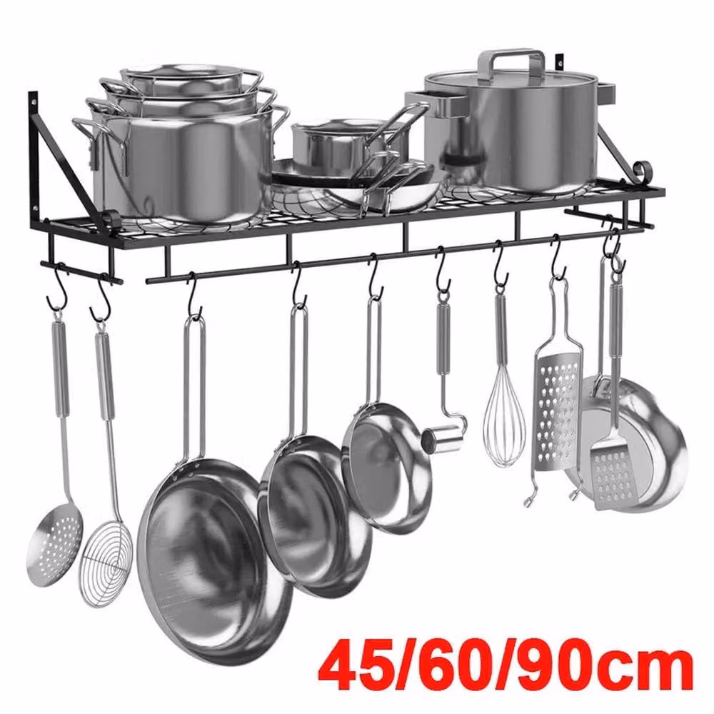 NESTLUNE Black Wall Mounted Kitchen Pot and Pan Hanging Rack Storage Shelf – 3
