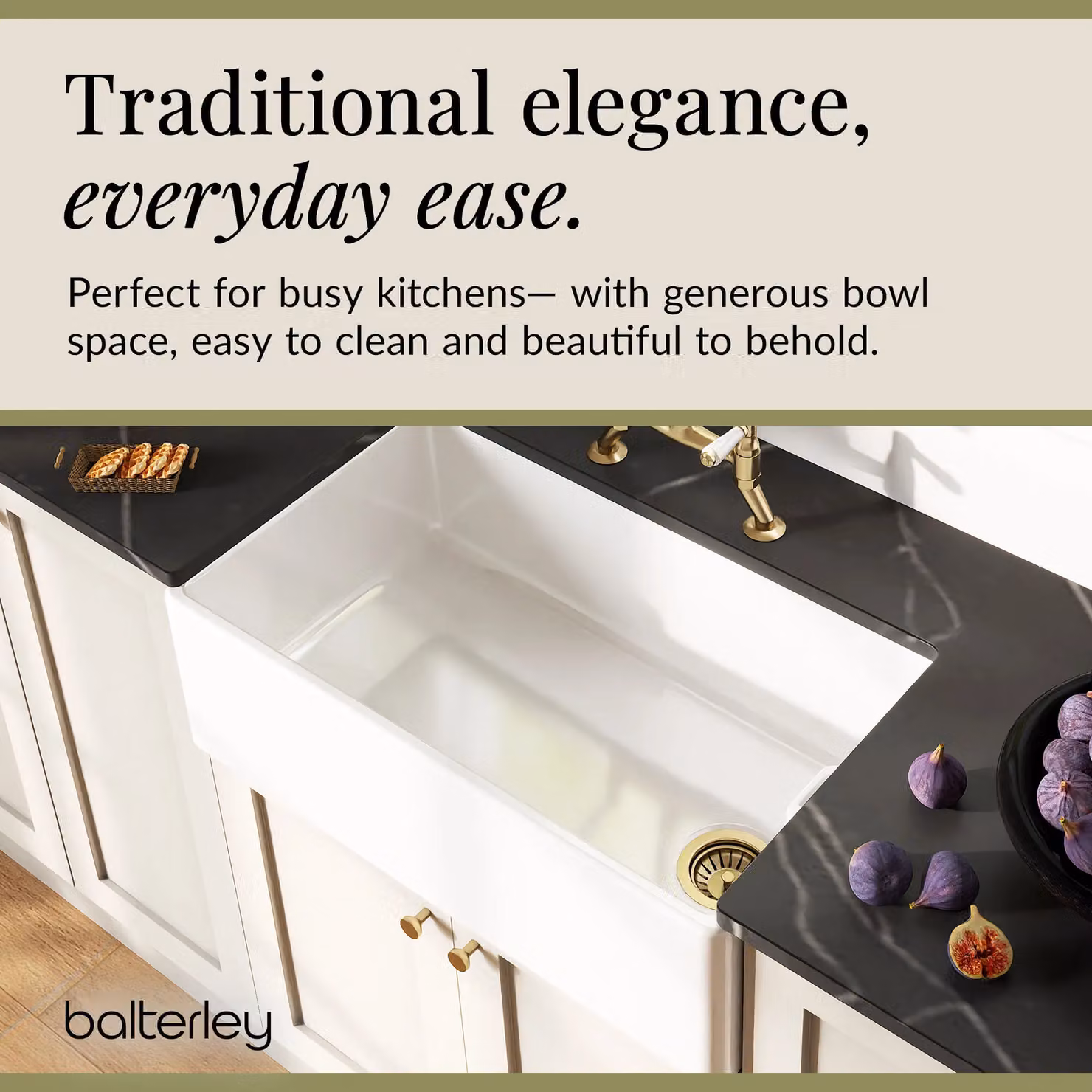 Balterley White Ceramic Single Bowl Belfast Kitchen Sink with Bridge Lever Mixer Tap and Waste in Brushed Brass, W: 79.5 cm – 2