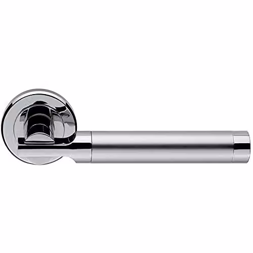 Loops Pair of Round Bar Handles on Chamfered Edged Round Rosettes in Satin and Polished Chrome