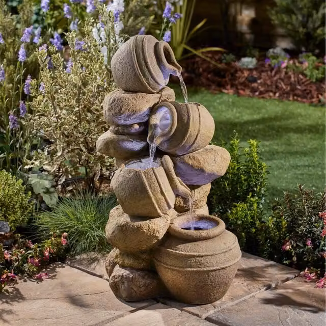 Serenity Brown Cascading Tipping Pots Stone Wall Water Feature with LED Lighting