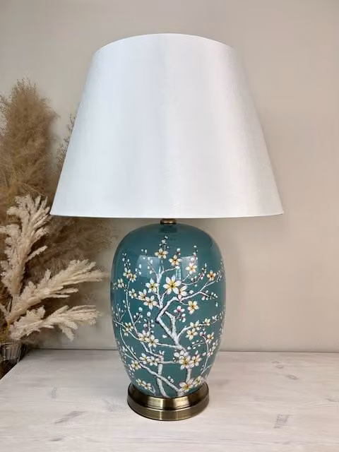 Downton Interiors Green and Gold Ceramic Table Lamp with Fabric Cone Shade