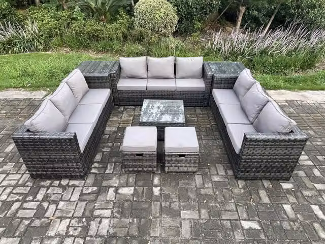 Fimous 11 Seater Outdoor Rattan Garden Furniture Set in Dark Grey with U-Shape Sofa, Coffee Table and Side Tables
