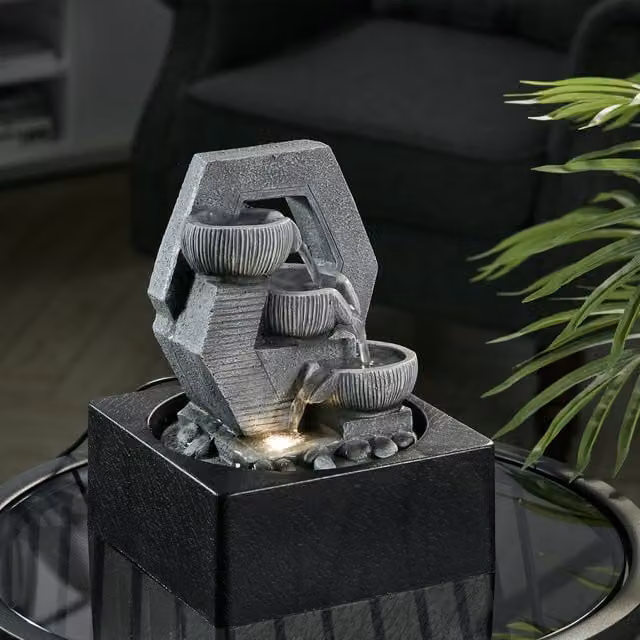 Livingandhome Modern Geometric Stacked Bowl Tabletop Water Feature with LED Light, Grey
