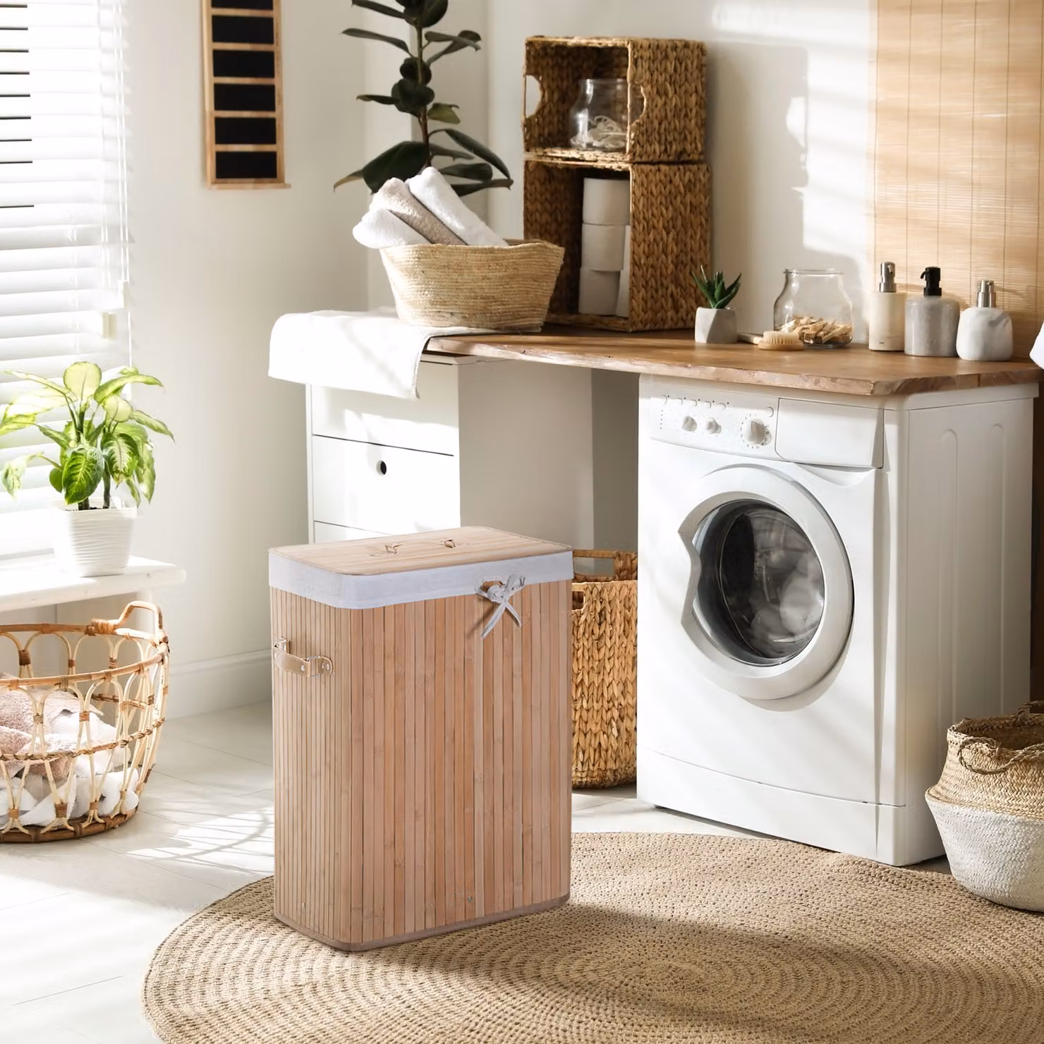 HOMCOM Bamboo Laundry Basket with Removable Fabric Bag, Brown, W/D/H: 40 x 30 x 60 cm – 4