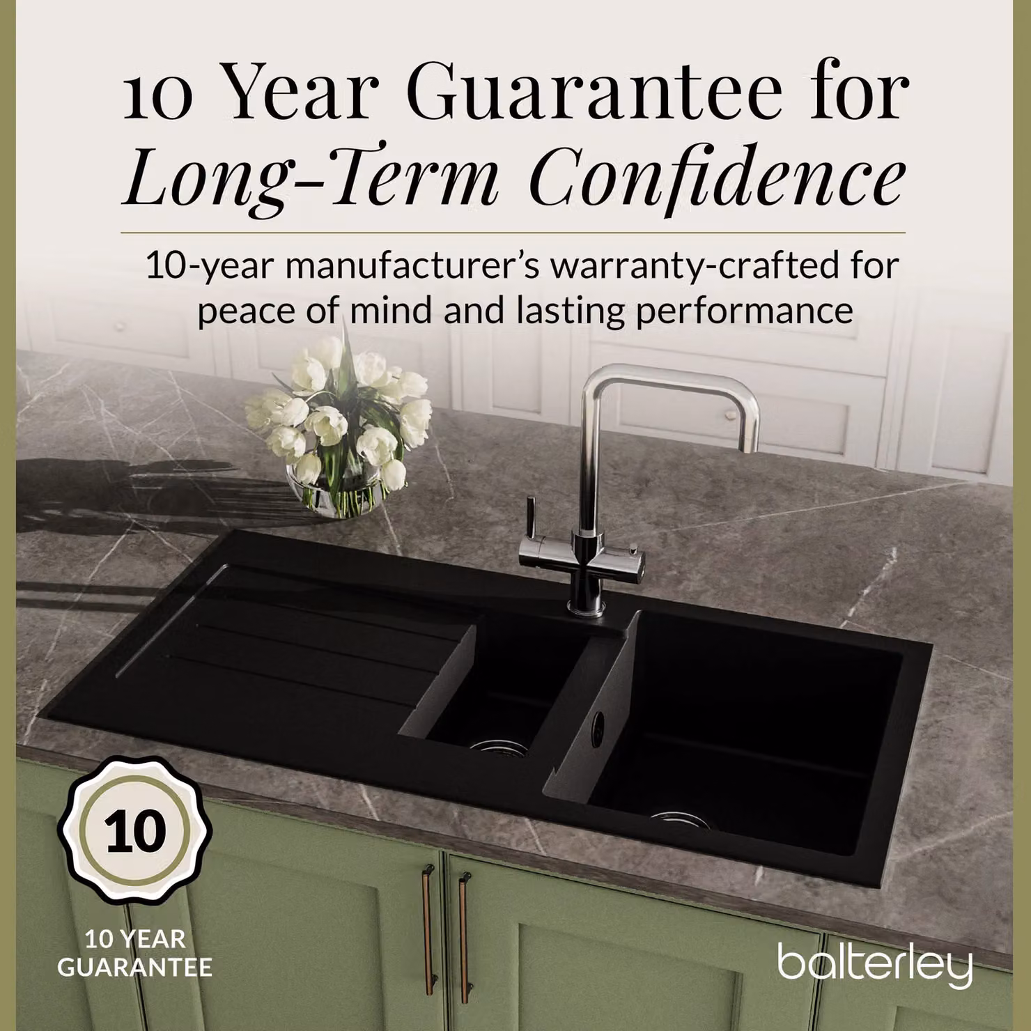 Balterley Reversible 1.5 Bowl Granite Composite Kitchen Sink with Drainer and Overflow, Matt Black, W: 100 cm x D: 50 cm – 6