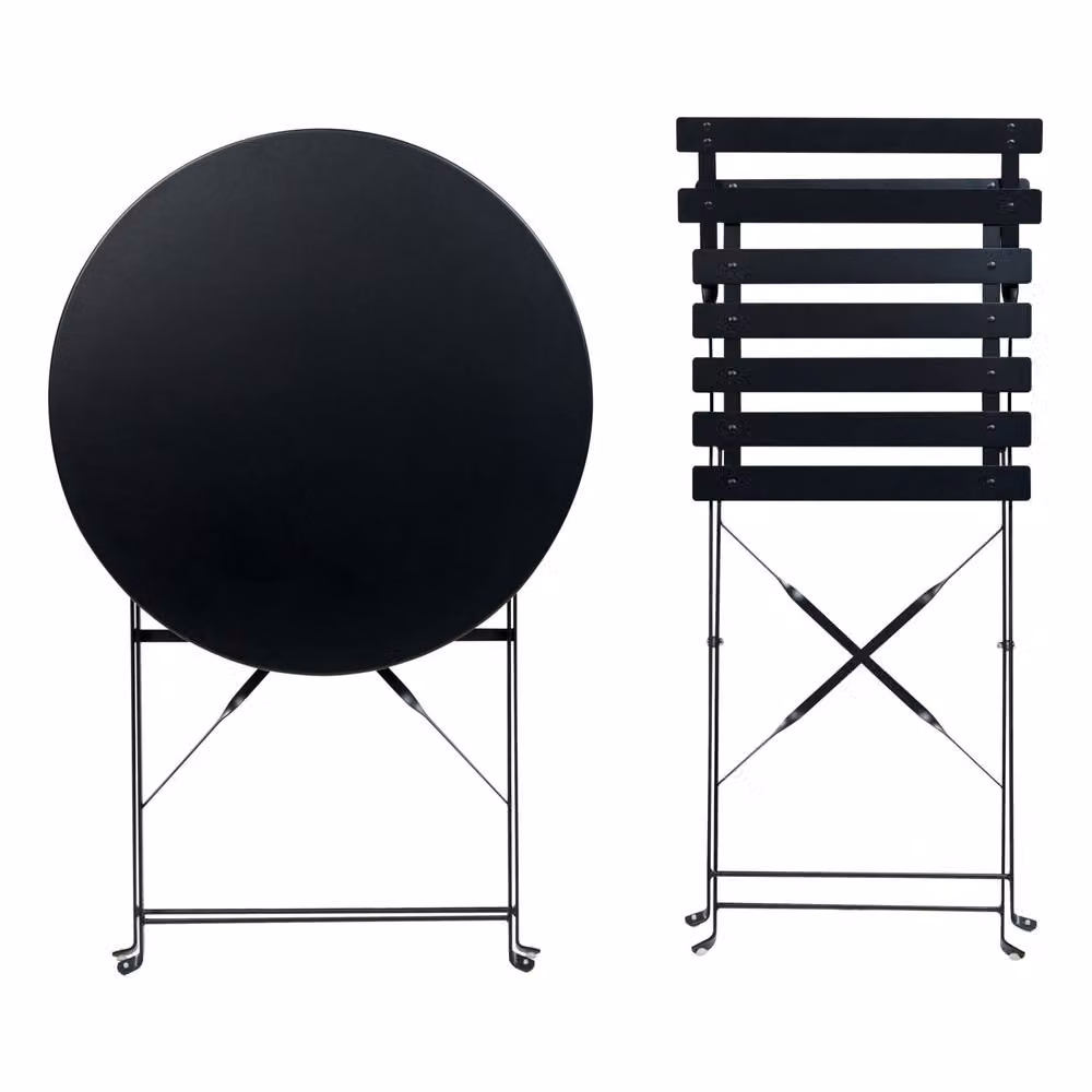 Wyld and Coco 3 Piece Black Metal Folding Bistro Set with Slatted Steel Chairs – 3