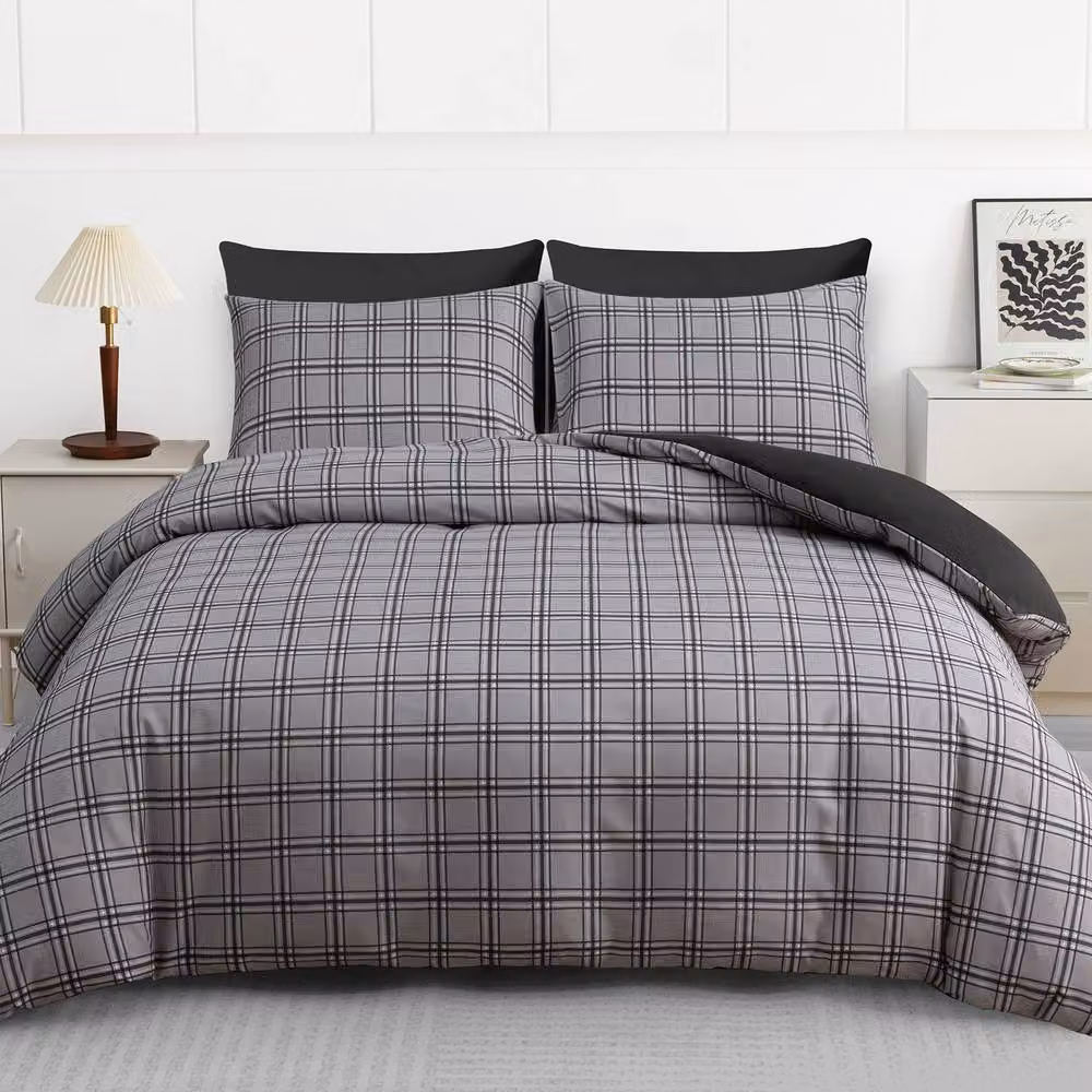 Pamposh Grey Checked Microfibre Reversible Duvet Cover Set, W: 180 cm x H: 200 cm – 2
