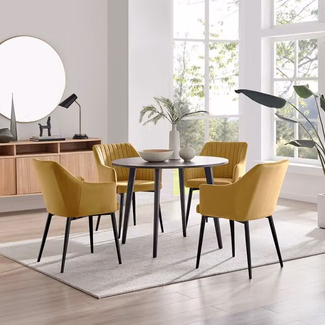 FurnitureboxUK Koko Walnut Effect Round Dining Table and 4 Calla Mustard Chairs with Black Legs