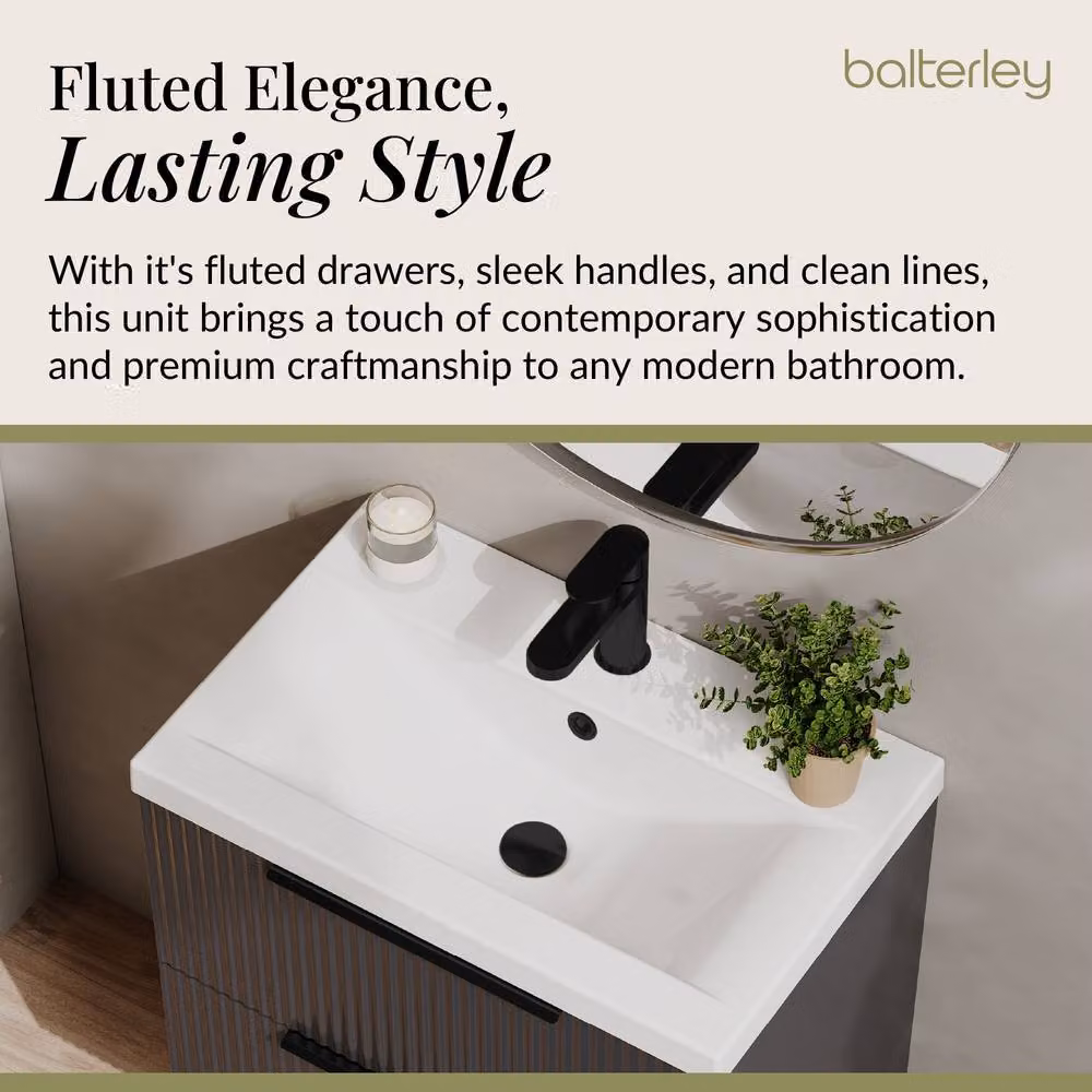 Balterley Fluted Front Wall Hung 2 Drawer Vanity Basin Unit, Matt Dark Grey, W: 60 cm, D: 54 cm, H: 60 cm – 3