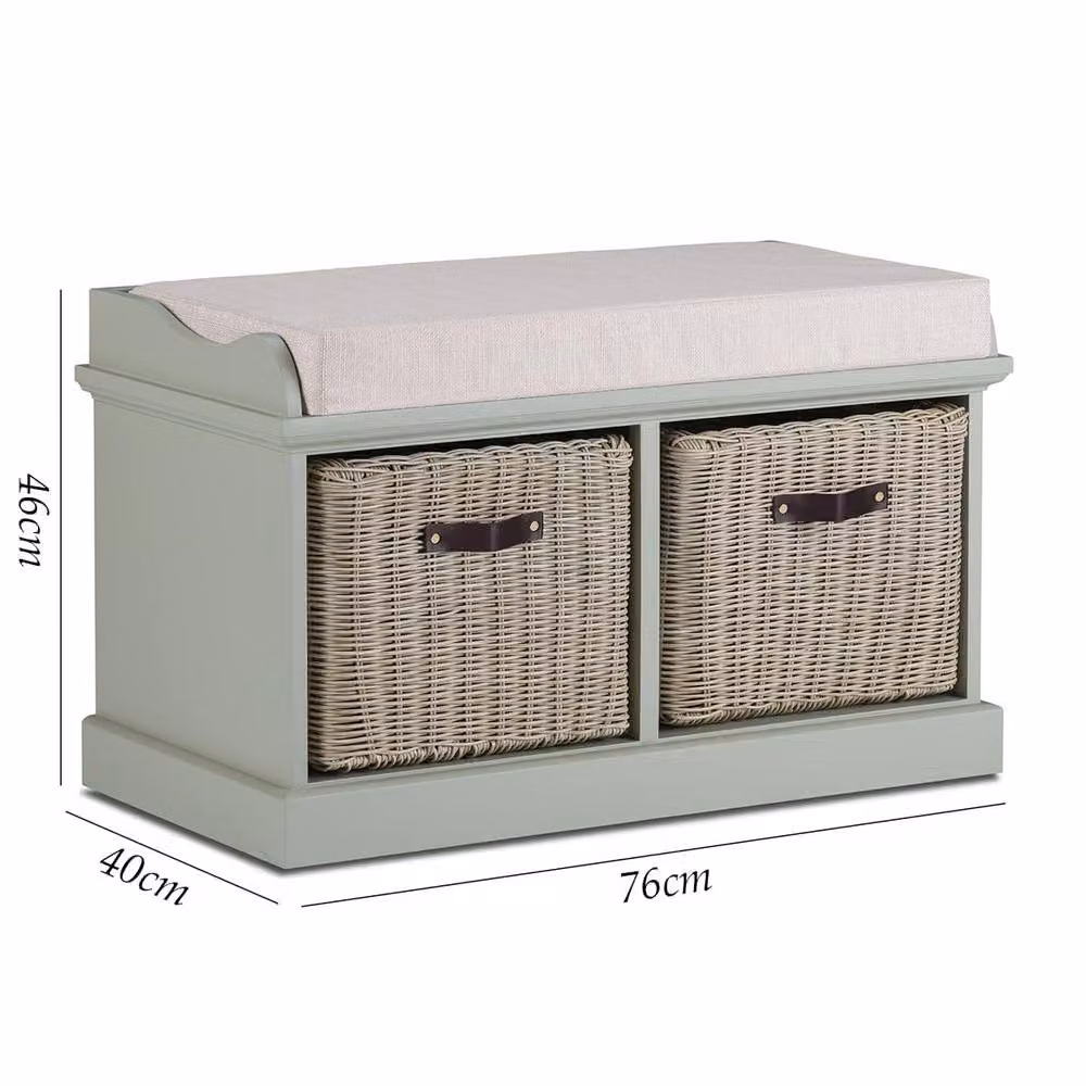 Statement Furniture Tetbury Bench with 2 Brown Faux Rattan Baskets and Cream Cushion in Light Green – 2