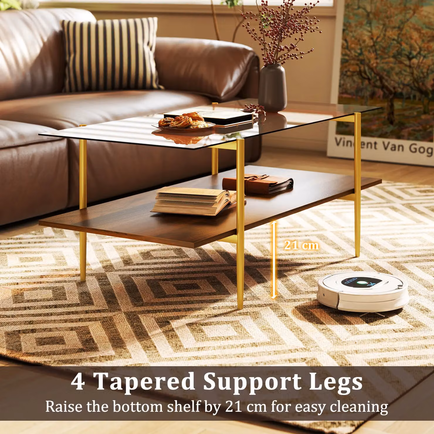 Costway 2-Tier Rectangular Glass Coffee Table with Storage Shelf in Brown and Gold – 5