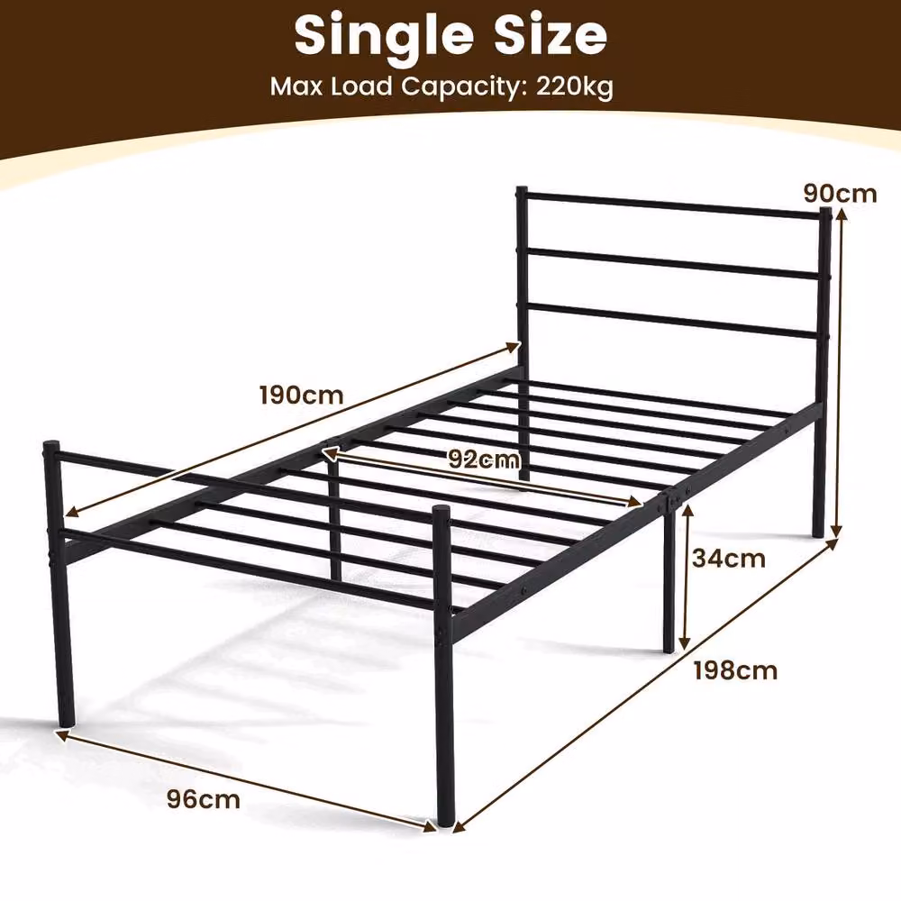 Gymax Single Size Metal Platform Bed Frame with Headboard and Slat Support, Black, 90 x 200 cm – 2