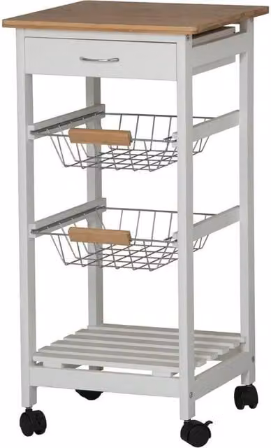 PAWNORA White Kitchen Trolley with Bamboo Wood Drawer and Shelf Cart – 1