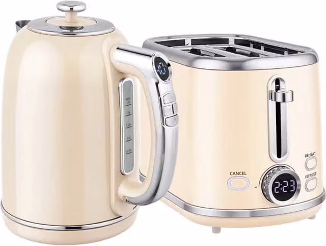 Rolipo Cream Retro Kettle and Toaster Set with 40-100°C Control and 1.7L Capacity in Beige and Stainless Steel