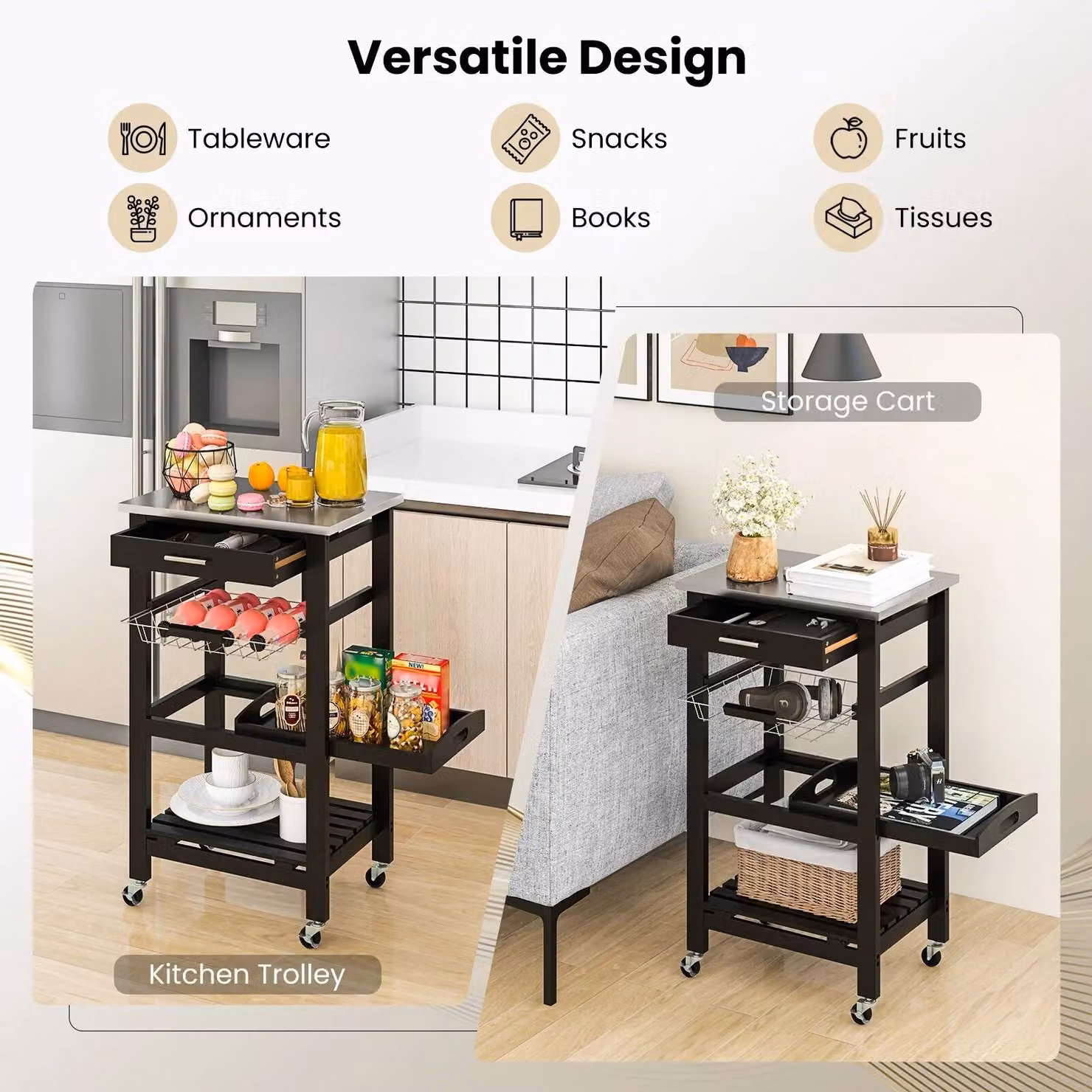 Costway Rolling Kitchen Storage Trolley Cart Cupboard Island in Black – 5