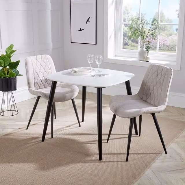 Aspen Gloss White Sintered Stone Square Dining Table and 3 Stitch Fabric Chair Set