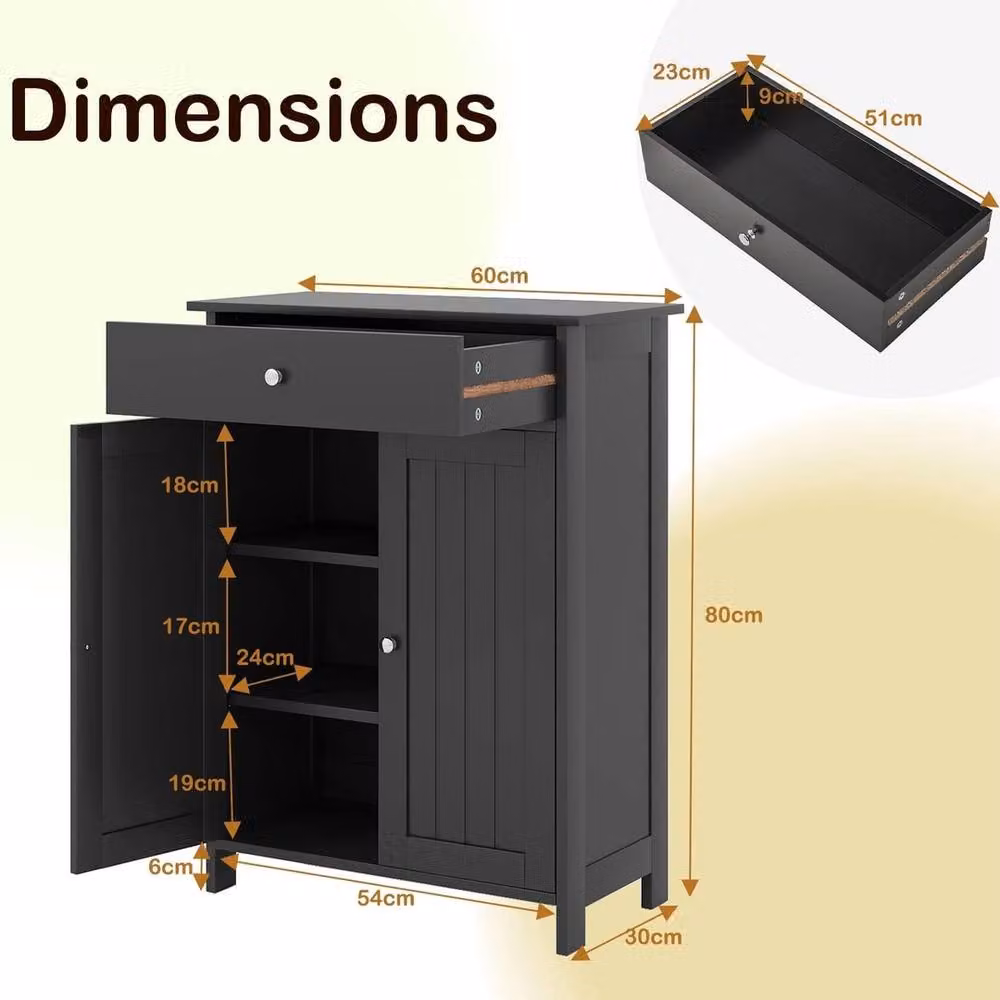 VOGREX Black Matt Freestanding Bathroom Floor Cabinet with 2 Hinged Doors and Internal Drawers and Shelves – 2