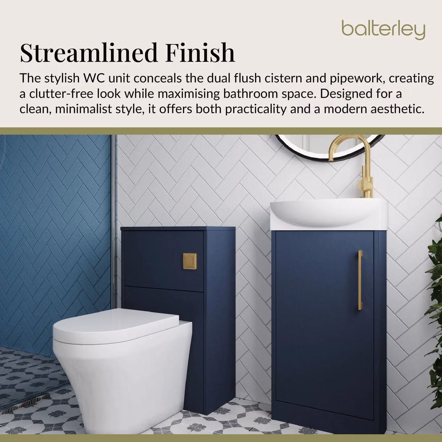 Balterley Modern Blue and Gold Cloakroom Suite with Soft Close Vanity Unit, Toilet, and Basin Mixer Tap – 3