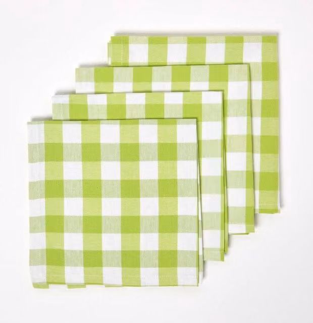 Homescapes Green Checked Cotton Gingham Napkins, Set of 4