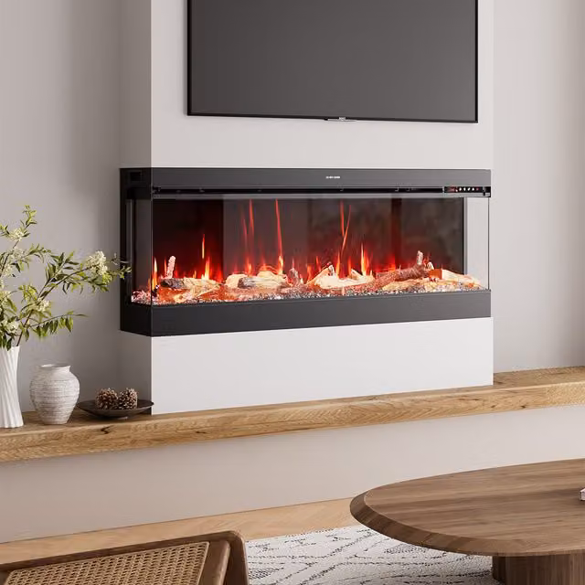 Livingandhome Black Electric Floor Standing Fireplace with App Control and WiFi, Width: 125.5 cm