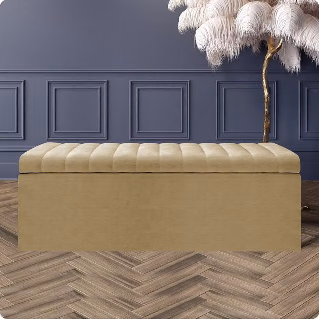 R&M Furnishers Safar Naples Ottoman Storage Box, Silver Striped Beige Upholstered Blanket Chest and End of Bed Bench