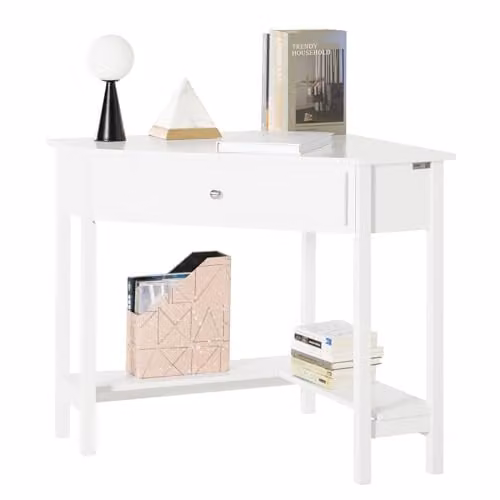 SoBuy White Triangle Corner Desk with Drawer and Bottom Shelf