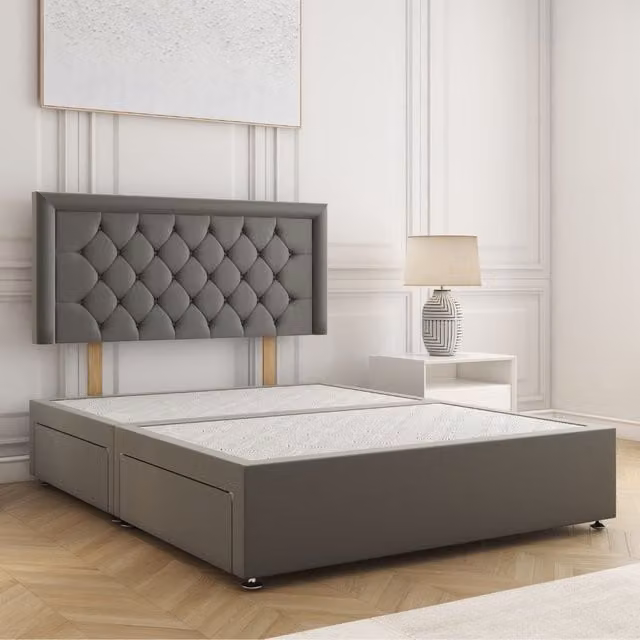 BSSPOKE Nova Divan Bed with 24 inch Plush Headboard and 2 Drawers, Grey, W/D/H: 180 x 200 x 30.48 cm – 1
