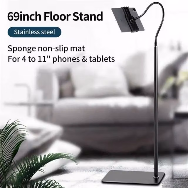 Nordara Black Tablet Tripod Floor Stand with Gooseneck Mount for 4-11 inch iPhone and iPad