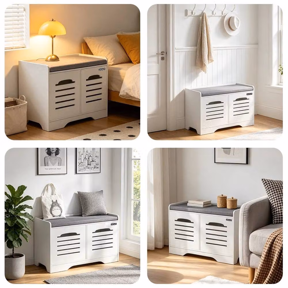KORVIXA 2-Door Shoe Storage Bench with White Fabric Cushion Seat – 3