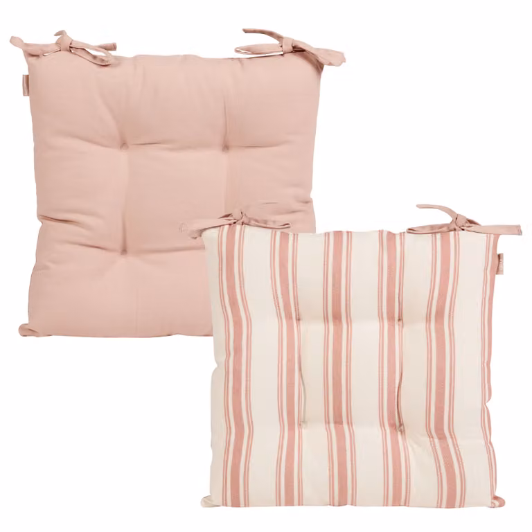 Dibor Set of 2 Pink Cotton Stripe Quilted Reversible Indoor Outdoor Chair Seat Pads, W/D: 40 x 40 cm