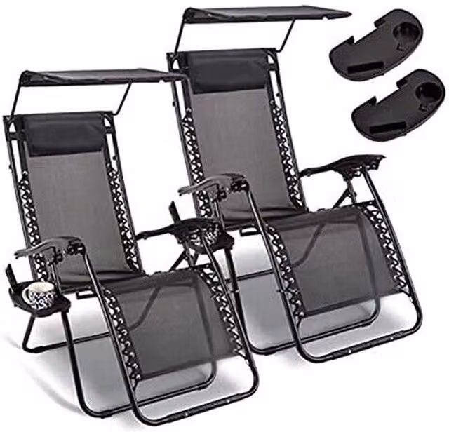 Garden Mile Set of 2 Black Zero Gravity Sun Loungers with Canopy, Adjustable Headrests and Cup Holders