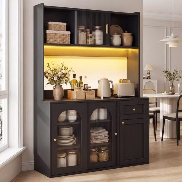 BTM Modern Black Matt Kitchen Display Cabinet with Glass Doors and LED Lighting, W/D/H: 35 x 35 x 167 cm