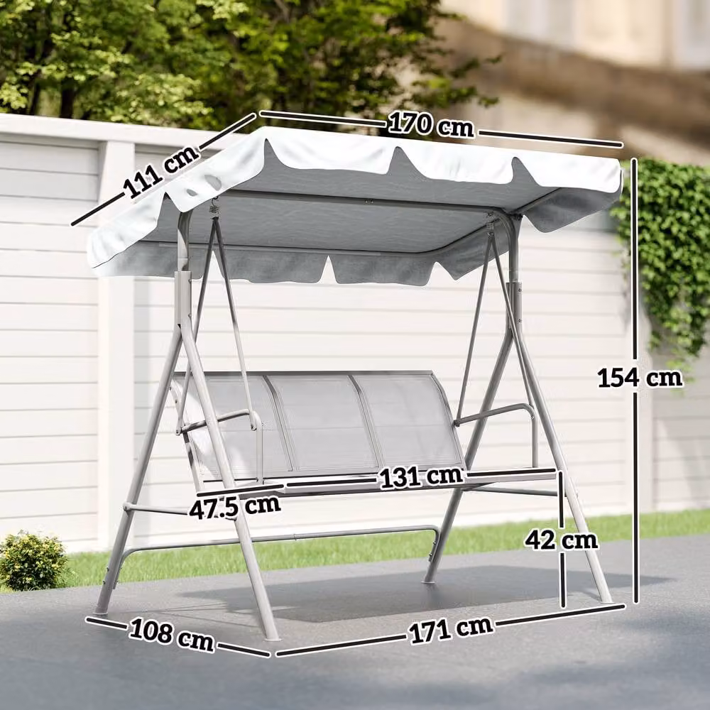 OUTSUNNY 3 Seater Metal Garden Swing Chair with UV-Resistant Sun Canopy in Light Grey – 3
