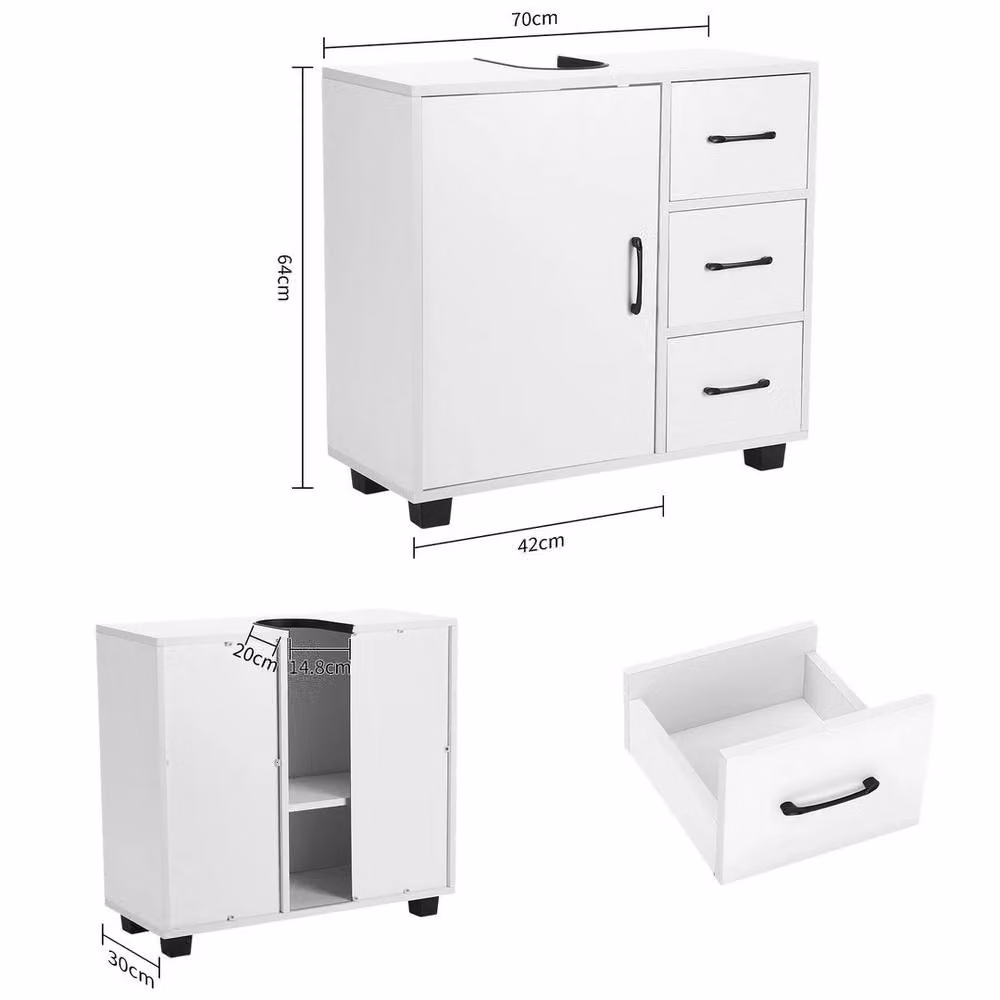 KORVIXA White Under Sink Bathroom Basin Cabinet with Hinged Doors and Internal Drawers, W: 70 cm, H: 75 cm – 2